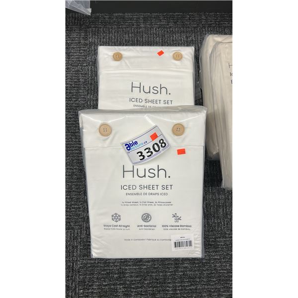 2 X WHITE HUSH ICED SHEET SETS. QUEEN