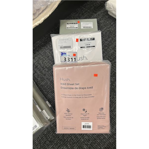 3 X HUSH ICED SHEET SETS. QUEEN. BLOSSOM, WHITE AND MIST GREEN RETAIL $840