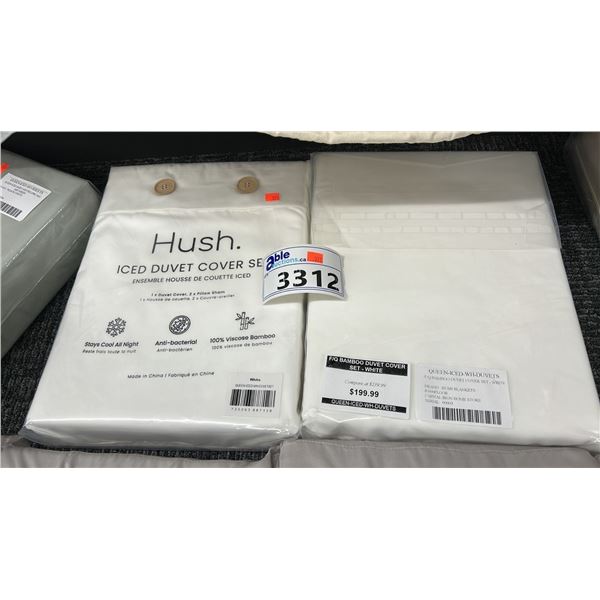 2 X HUSH ICED DUVET COVER SETS. QUEEN. WHITE. RETAIL $480