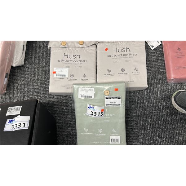 3 X HUSH ICED DUVET COVER SETS. QUEEN. 1 MINT GREEN, 2 X LIGHT GREY. RETAIL $720