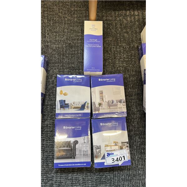 GROUP LOT OF SMARTER LIVING FURNITURE CARE PRODUCTS. WOOD FURNITURE CARE. LEATHER CARE. FABRIC.