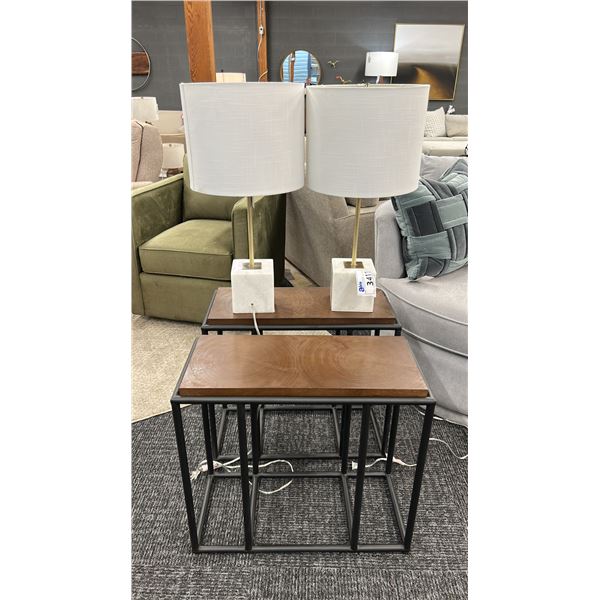 PAIR OF METAL FRAMED SIDE TABLES. W/ 2 MARBLE BASED TABLE LAMPS.