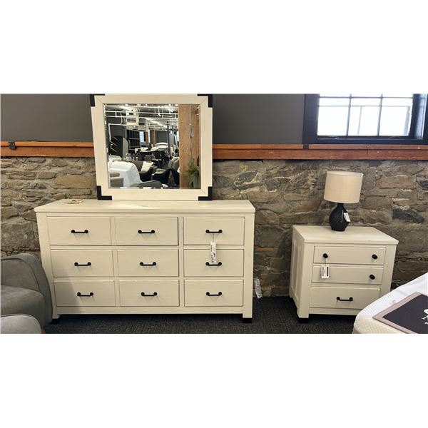 MAGNUSSEN DRESSER SET. 66" DRESSER W/ MIRROR. 28" DRAWER NIGHTSTAND. W/ TABLE LAMP. RETAIL $4,800.