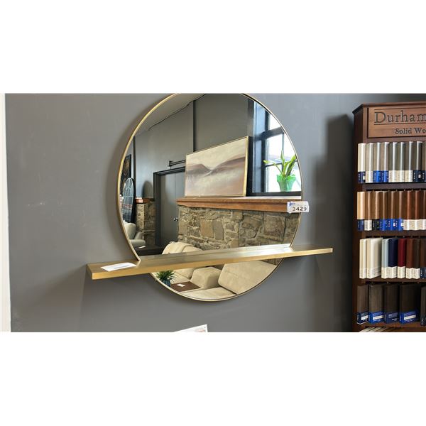 36" ROUND MIRROR. BRASS FRAME W/ SHELF.