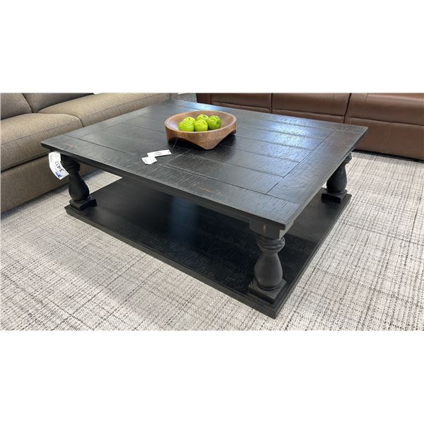 ASHLEY FURNITURE RECTANGULAR COFFEE TABLE, 53" X 40". W/ WOODEN BOWL AND DISPLAY APPLES.