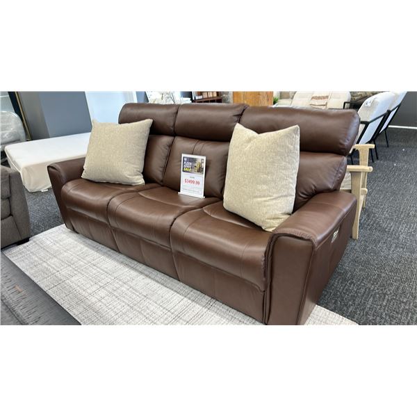 PALLISER ACACIA POWER RECLINING LEATHER SOFA. 88" WIDE. W/ CUSHIONS RETAIL $4,600.