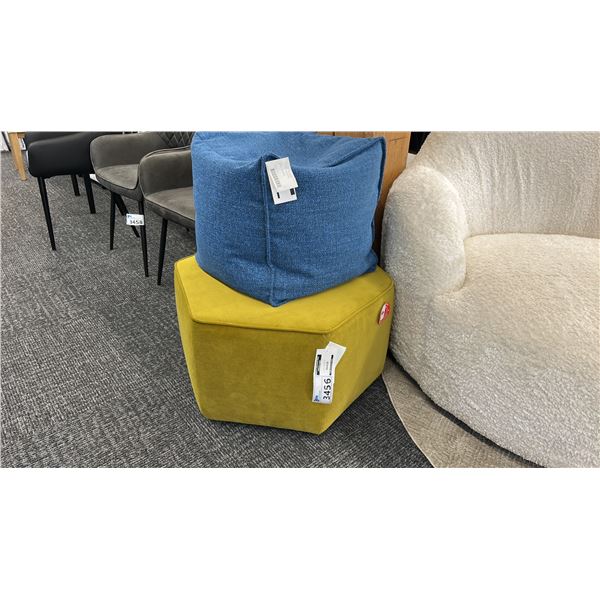 PALLISER HEXAGON OTTOMAN W/ DECORREST BLUE POUF CUSHION.