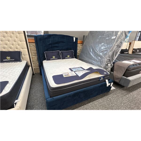 DECORREST QUEEN SIZE BED FRAME BLUE FABRIC. MATTRESS NOT INCLUDED. RETAIL $2,800