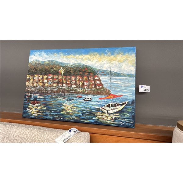 SIGNED OIL ON CANVAS, SAIL BOAT. 36" X 24"