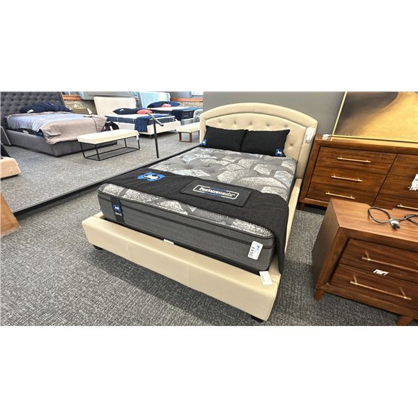 PALLISER QUEEN SIZE BEIGE LEATHER BED FRAME. MATTRESS NOT INCLUDED.