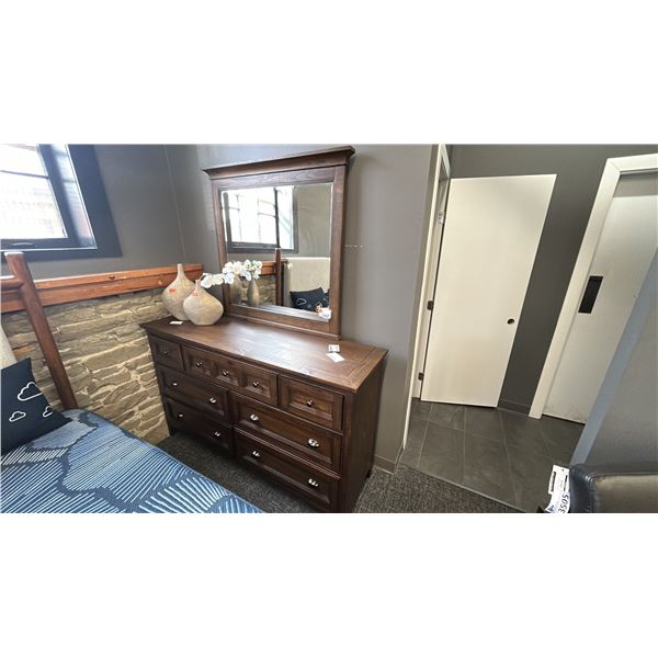 MAGNUSSEN FURNITURE 7 DRAWER DRESSER W/ BEVELED MIRROR, 64" WIDE. W/ DECOR ITEMS AS IN PHOTO