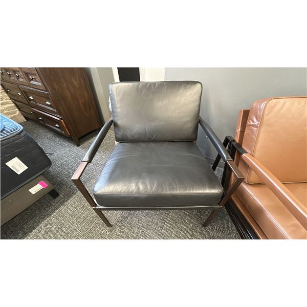 ASHLEY FURNITURE BLACK LEATHER PUCKMAN ACCENT CHAIR, BRONZE METAL FRAME. RETAIL $1,500