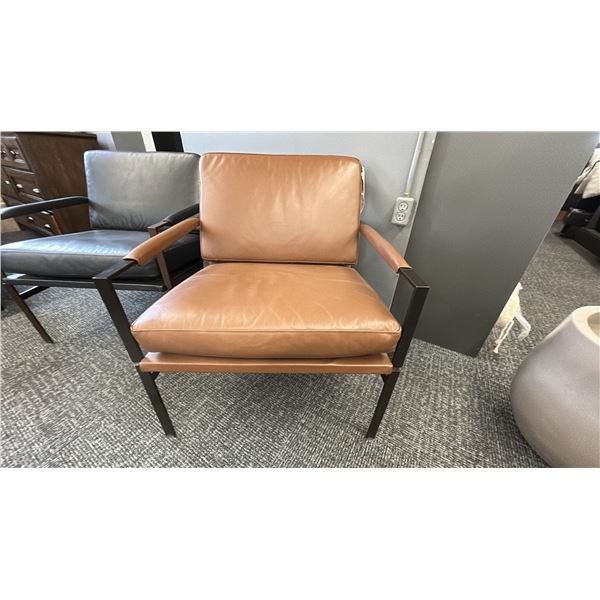 ASHLEY FURNITURE BROWN LEATHER PUCKMAN ACCENT CHAIR, BLACK METAL FRAME. RETAIL $1,500