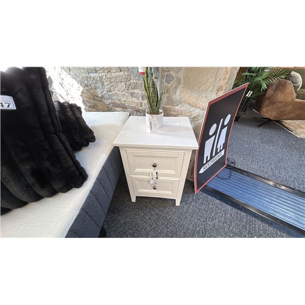 MAGNUSSEN FURNITURE SMALL 2 DRAWER NIGHTSTAND. W/ DECOR ARTIFICIAL PLANT.