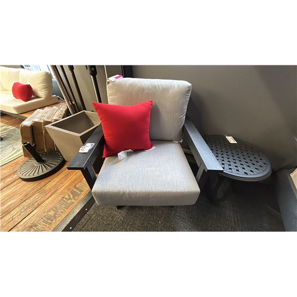 C.R. PLASTICS SWIVEL ARM CHAIR, BLACK FRAME W/ CUSHION