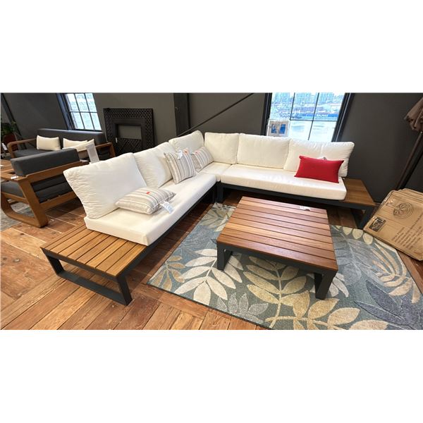 CUSHIONED PATIO SET 8'8" X 8'8". ALUMINUM FRAMED TEAK WOOD 3' X 3' TABLE. W/ CUSHIONS