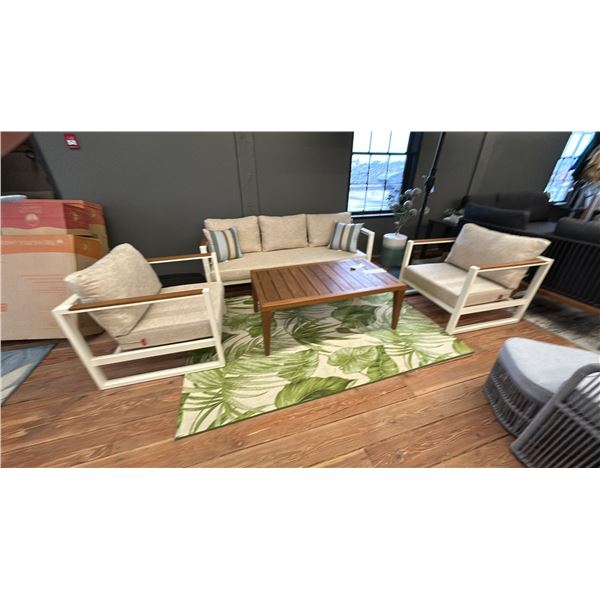 FIG & CHERRY PATIO SET. ALUMINUM FRAME SOFA 75". 2 SIDE CHAIRS. TEAK WOOD COFFEE TABLE, 47" X X27".