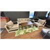 Image 1 : FIG & CHERRY PATIO SET. ALUMINUM FRAME SOFA 75". 2 SIDE CHAIRS. TEAK WOOD COFFEE TABLE, 47" X X27".