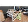 Image 2 : FIG & CHERRY PATIO SET. ALUMINUM FRAME SOFA 75". 2 SIDE CHAIRS. TEAK WOOD COFFEE TABLE, 47" X X27".