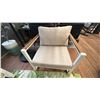 Image 3 : FIG & CHERRY PATIO SET. ALUMINUM FRAME SOFA 75". 2 SIDE CHAIRS. TEAK WOOD COFFEE TABLE, 47" X X27".