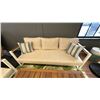 Image 4 : FIG & CHERRY PATIO SET. ALUMINUM FRAME SOFA 75". 2 SIDE CHAIRS. TEAK WOOD COFFEE TABLE, 47" X X27".