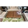 Image 5 : FIG & CHERRY PATIO SET. ALUMINUM FRAME SOFA 75". 2 SIDE CHAIRS. TEAK WOOD COFFEE TABLE, 47" X X27".
