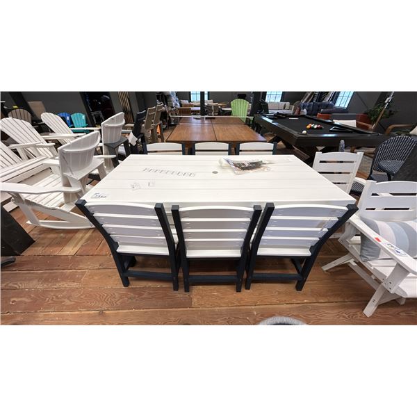 72" X 37" NAPA PATIO DINING SET, WEATHER PROOF WHITE & NAVY. 6 CHAIRS. RETAIL $4,300