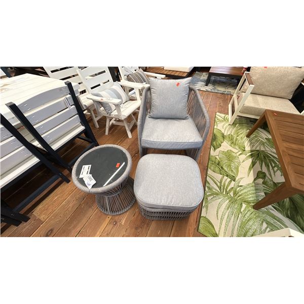 ASHLEY FURNITURE CUSHIONED PATIO CHAIR & SIDE TABLE. W/STOOL