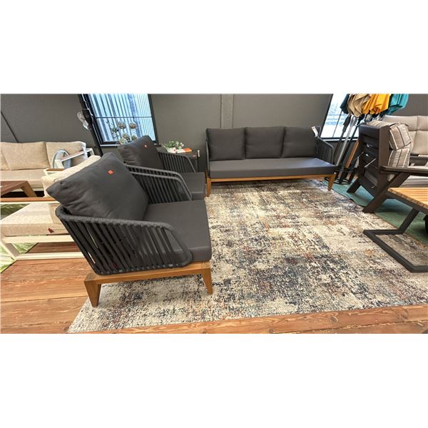 FIG & CHERRY PATIO SET, 3 SEAT 80" SOFA, 2 SIDE CHAIRS. W/ DARK GREY CORNER TABLE. RETAIL $9,620