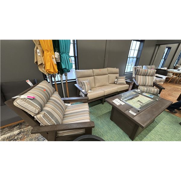 C.R. PLASTICS PATIO SOFA SET, 3 SEAT 80" LONG SOFA, 2 SIDE CHAIRS, W/ MATCHING CUSHIONS.