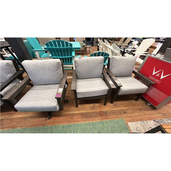 SET OF 3 C.R. PLASTICS PATIO CHAIRS. DARK BROWN WEATHER PROOF FRAME, GREY FABRIC.