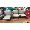 Image 1 : SET OF 3 C.R. PLASTICS PATIO CHAIRS. DARK BROWN WEATHER PROOF FRAME, GREY FABRIC.