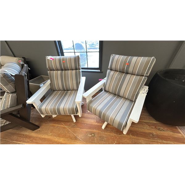 PAIR OF SWIVEL PATIO CHAIRS. C.R. PLASTICS. WHITE FRAME. RETAIL $4,200