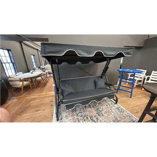 FIG & CHERRY UMBRELLA SWING SET, SEATS 3. 83" WIDE.