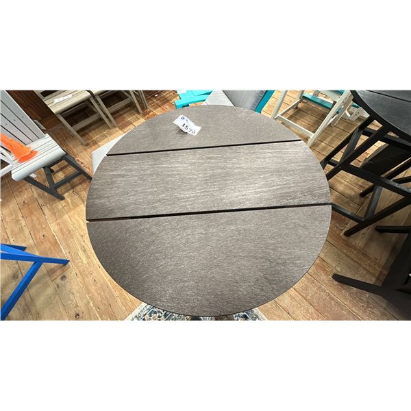 32" ROUND TALL PATIO TABLE DARK BROWN WOODGRAIN.