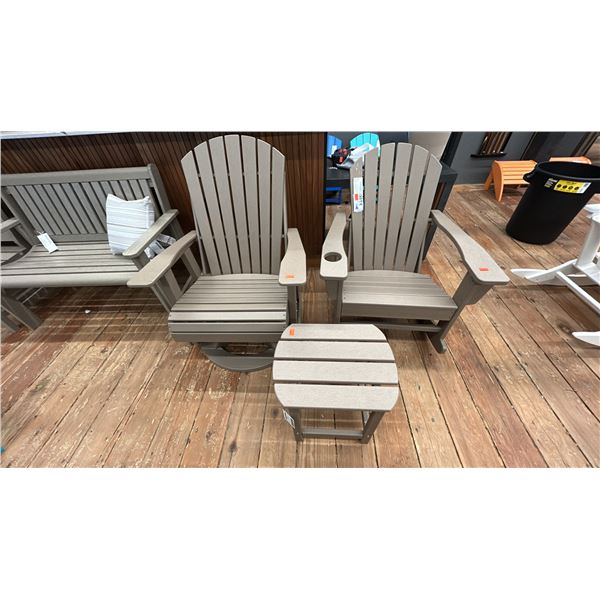 3 PIECE C.R. PLASTICS PATIO FURNITURE ADIRONDACK SYTLE ARMCHAIR, ADIRONDACK STYLE SLIDING ROCKER