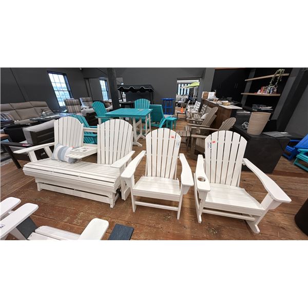 3 PIECE SET OF ADIRONDACK STYLE PATIO FURNITURE. ROCKING LOVESEAT, ROCKING CHAIR & SIDE CHAIR.