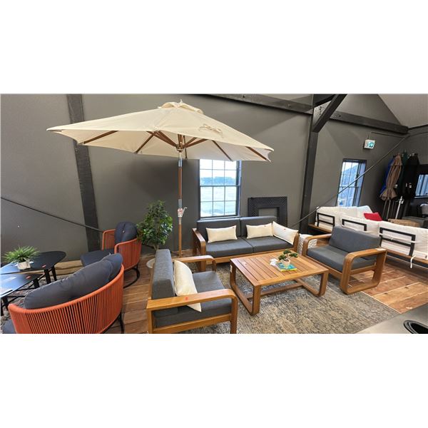 FIG & CHERRY 5 PIECE PATIO SET. 80" WIDE SOFA, 2 SIDE CHAIRS, 48" TEAK COFFEE TABLE,