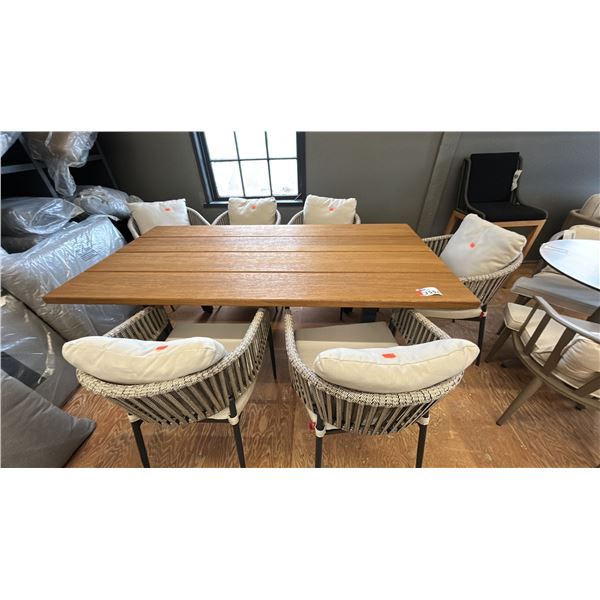 FIG & CHERRY PATIO DINING SET. 6 FORMO CUSHIONED CHAIRS. 80" X 38" TABLE. TEAK FINISH WOOD.