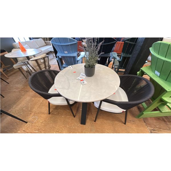 FIG & CHERRY 2 SEAT PATIO TABLE SET 32" ROUND TABLE ALUMINUM FRAME, MARBLE TOP. 2 CUSHIONED