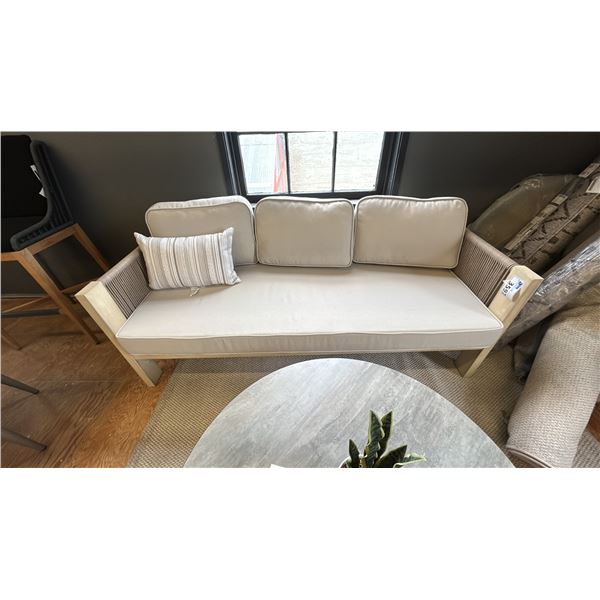 FIG & CHERRY 3 SEAT PATIO SOFA, 71" WIDE W/ ACCENT CUSHION. RETAIL $4,500