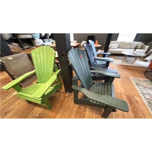 GROUP OF 4 C.R. PLASTICS ADIRONDACK STYLE CHAIRS, VARIOUS COLOURS.