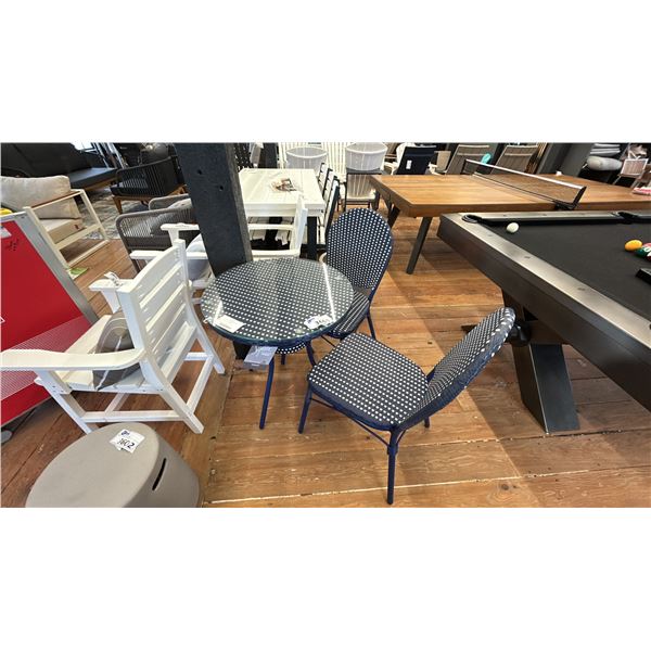 ASHLEY FURNITURE, 2 SEAT PATIO TABLE, 26" DIAMETER GLASS TOP, WOVEN CHAIR.