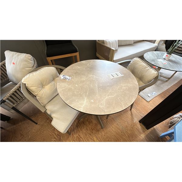 FIG & CHERRY 3 PIECE PATIO TABLE SET. 31" DIAMETER TABLE ALUMINUM BASE, ALUMINUM FRAMED CUSHION