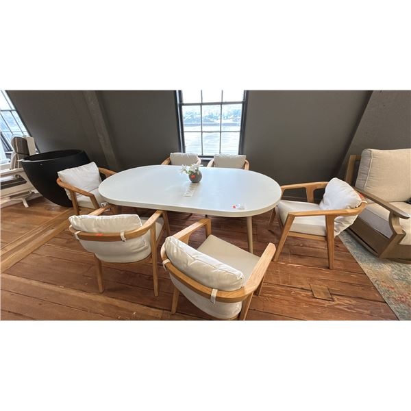 SUNPAN FURNITURE, 7 PIECE OUTDOOR DINING SET, 80" X 42" TABLE, WOOD FRAMED CUSHIONED CHAIRS.