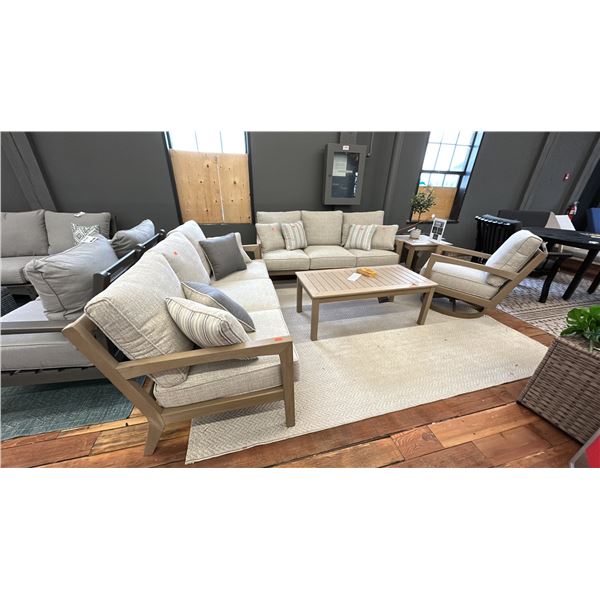 ASHLEY FURNITURE 5 PIECE PATIO SET. 2 76" SOFAS, SWIVEL ROCKING SIDE CHAIR, 24" SQUARE CORNER TABLE