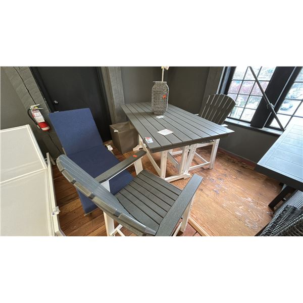 ASHLEY FURNITURE TALL PATIO TABLE W/ 2 CHAIRS. 6' X 3' TABLE. W/ ORNAMENTAL TABLE CANDLE HOLDER.