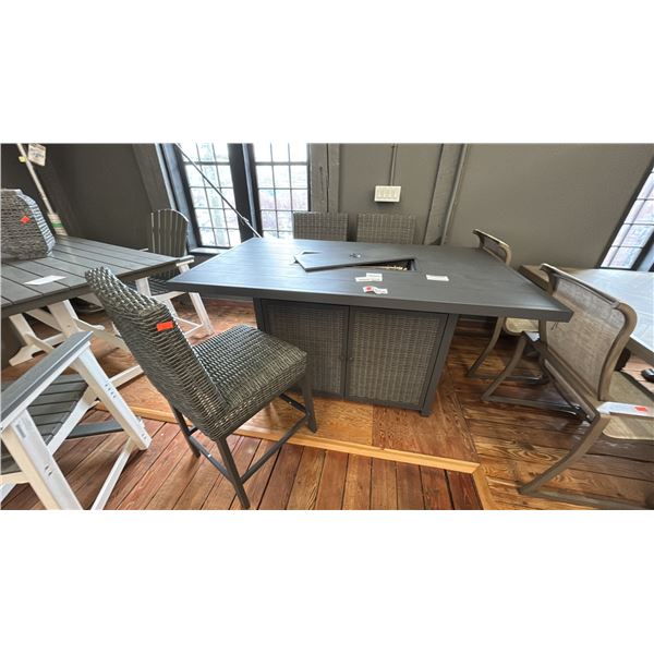 ASHLEY FURNITURE FIRE TABLE PATIO SET, 60" X 42" FIRE TABLE, 4 TALL STOOLS