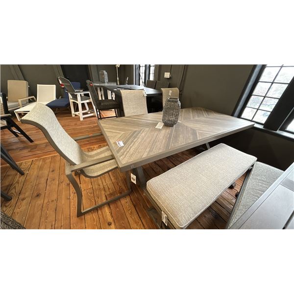 ASHLEY FURNITURE 5 PIECE PATIO DINING SET. 84" X 42" TABLE, DOUBLE BENCH SEAT, 3 ALUMINUM FRAMED