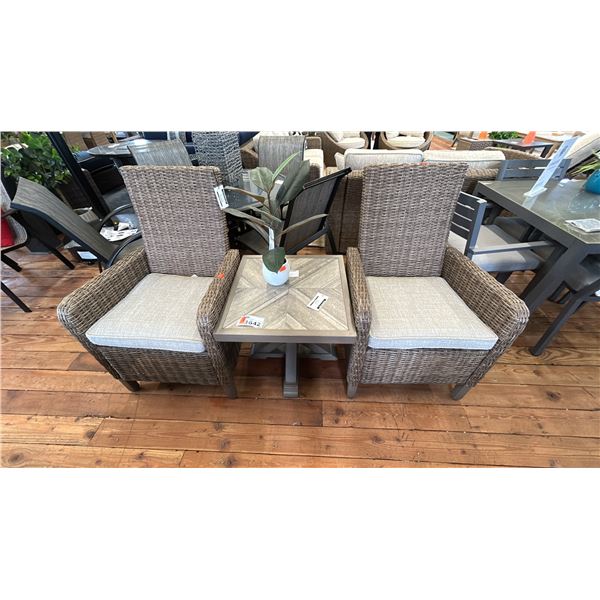 ASHLEY FURNITURE PATIO SET. 2 SYNTHETIC WICKER CUSHIONED CHAIRS, 22" SQUARE SIDE TABLE, W/ SMALL
